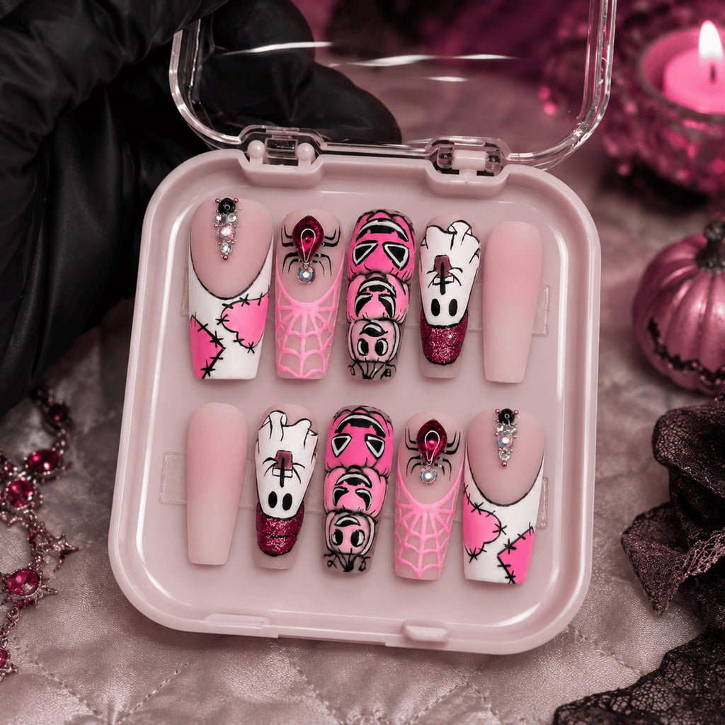 Pink Halloween Press On Nails, Gothic Spiderweb Nails, Creepy Cute Nail Art