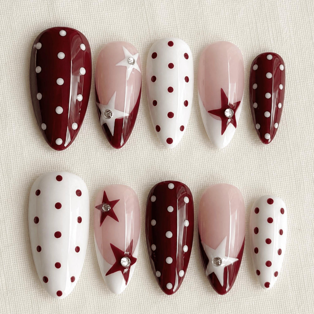 Retro Burgundy Press On Nails, Red Polka Dot Nails, Y2K Star Nail Set