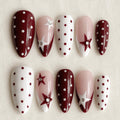 Retro Burgundy Press On Nails, Red Polka Dot Nails, Y2K Star Nail Set