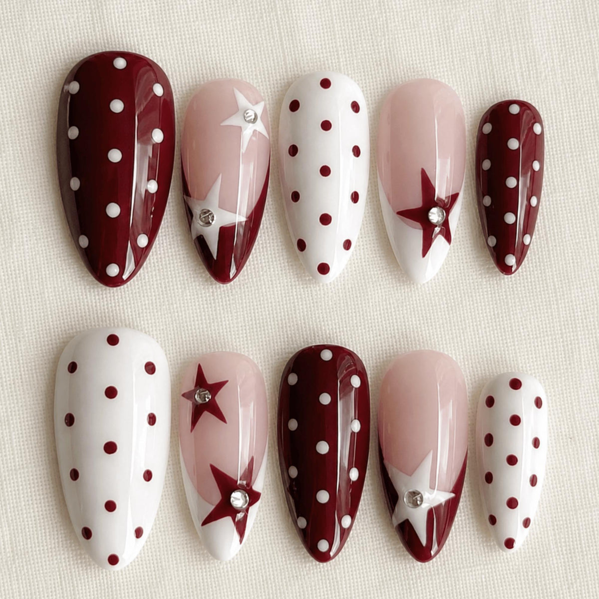 Retro Burgundy Press On Nails, Red Polka Dot Nails, Y2K Star Nail Set