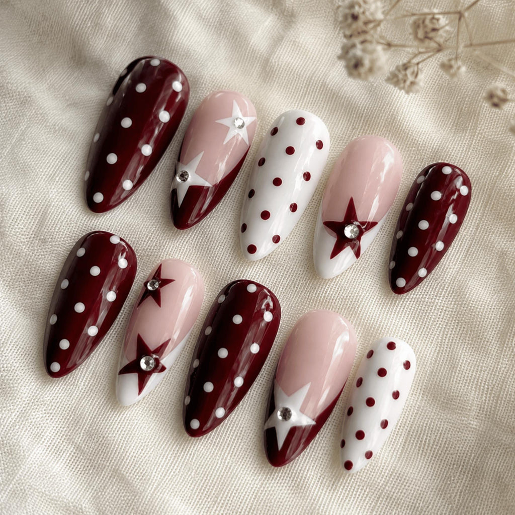 Retro Burgundy Press On Nails, Red Polka Dot Nails, Y2K Star Nail Set