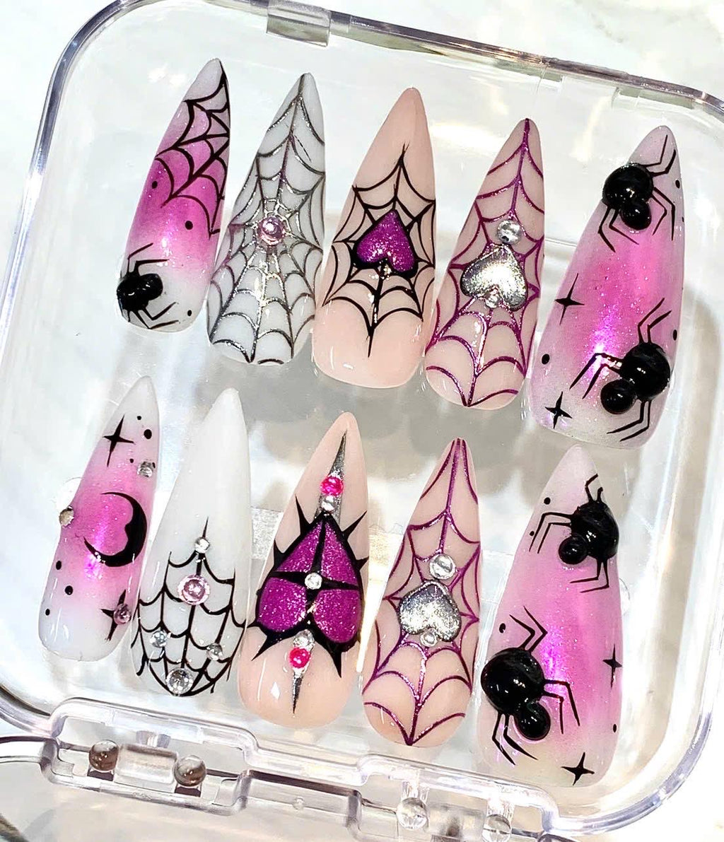 Pink Gothic Spider Web Press-On Nails, 3D Charm Stiletto Art (Set)