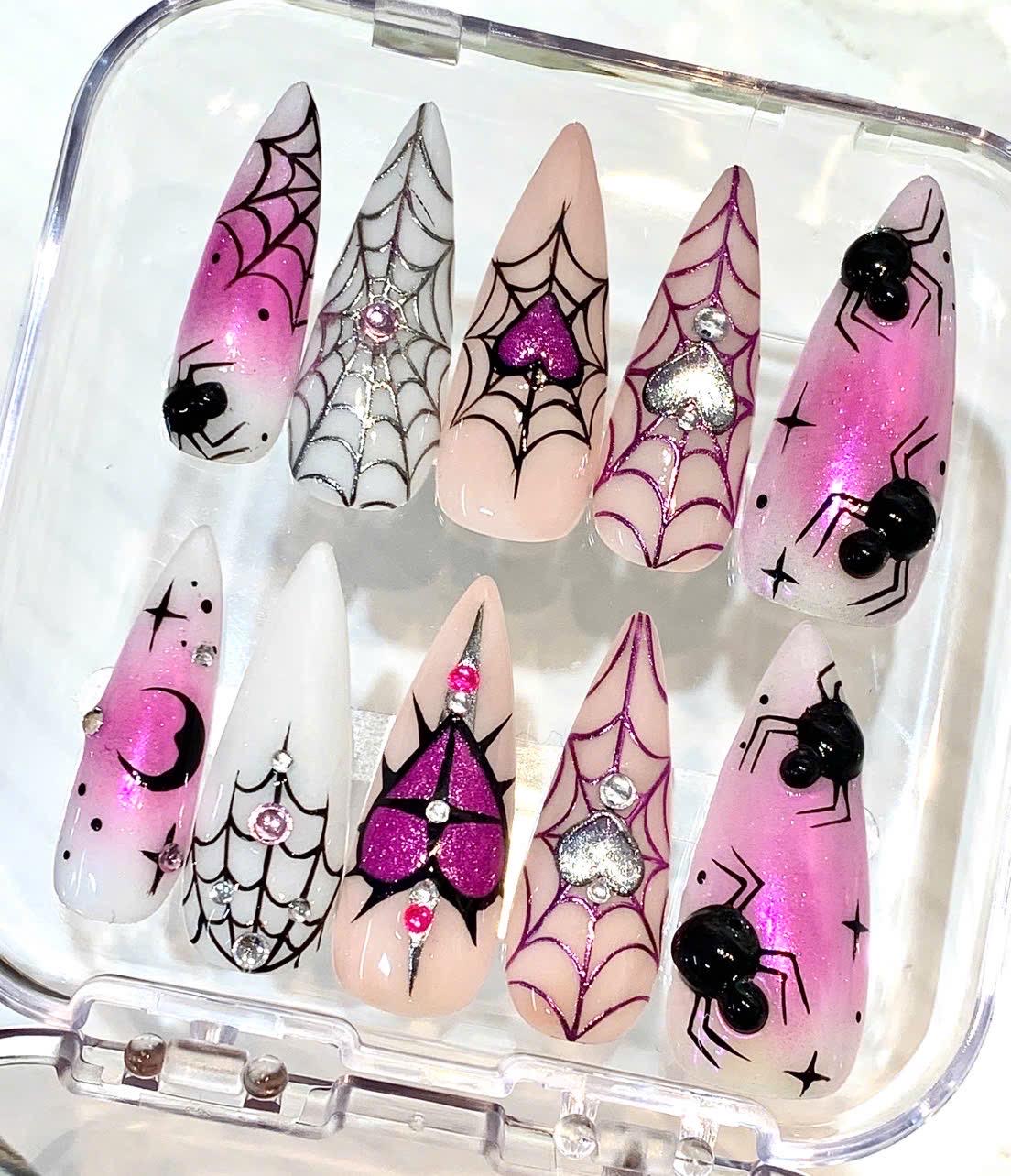 Pink Gothic Spider Web Press-On Nails, 3D Charm Stiletto Art (Set)