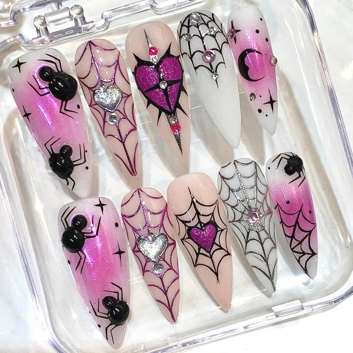 Pink Gothic Spider Web Press-On Nails, 3D Charm Stiletto Art (Set)