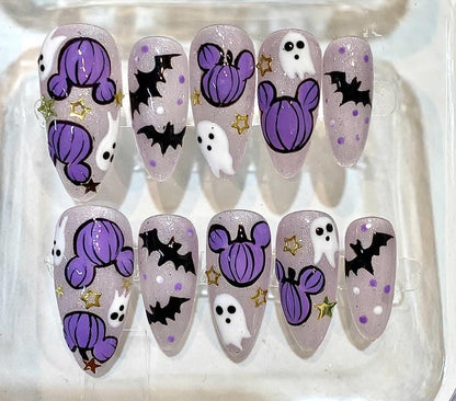 Purple Pumpkin Press-On Nails, Ghost Bat Art, Glitter Halloween Manicure