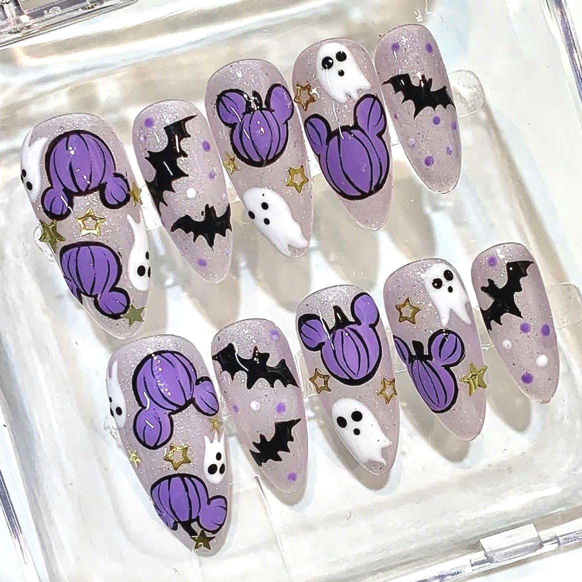 Purple Pumpkin Press-On Nails, Ghost Bat Art, Glitter Halloween Manicure