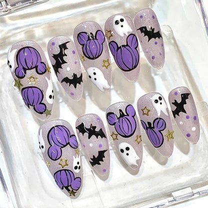 Purple Pumpkin Press-On Nails, Ghost Bat Art, Glitter Halloween Manicure