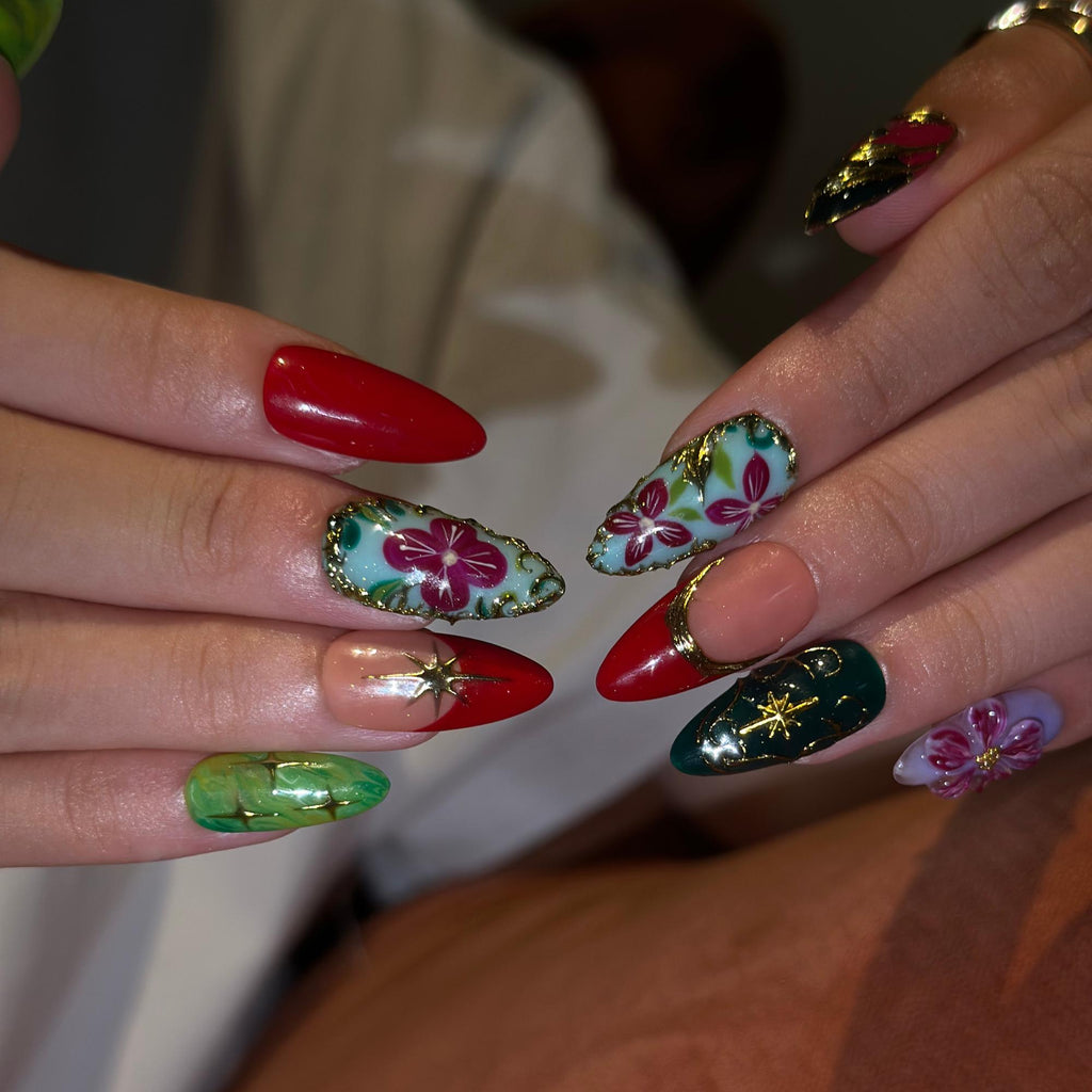 Luxury Fall Press On Nails with Gold Floral Art , Elegant Autumn Nails , Jewel Tone Handmade Nail Set | JB541WC