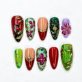 Luxury Fall Press On Nails with Gold Floral Art , Elegant Autumn Nails , Jewel Tone Handmade Nail Set | JB541WC