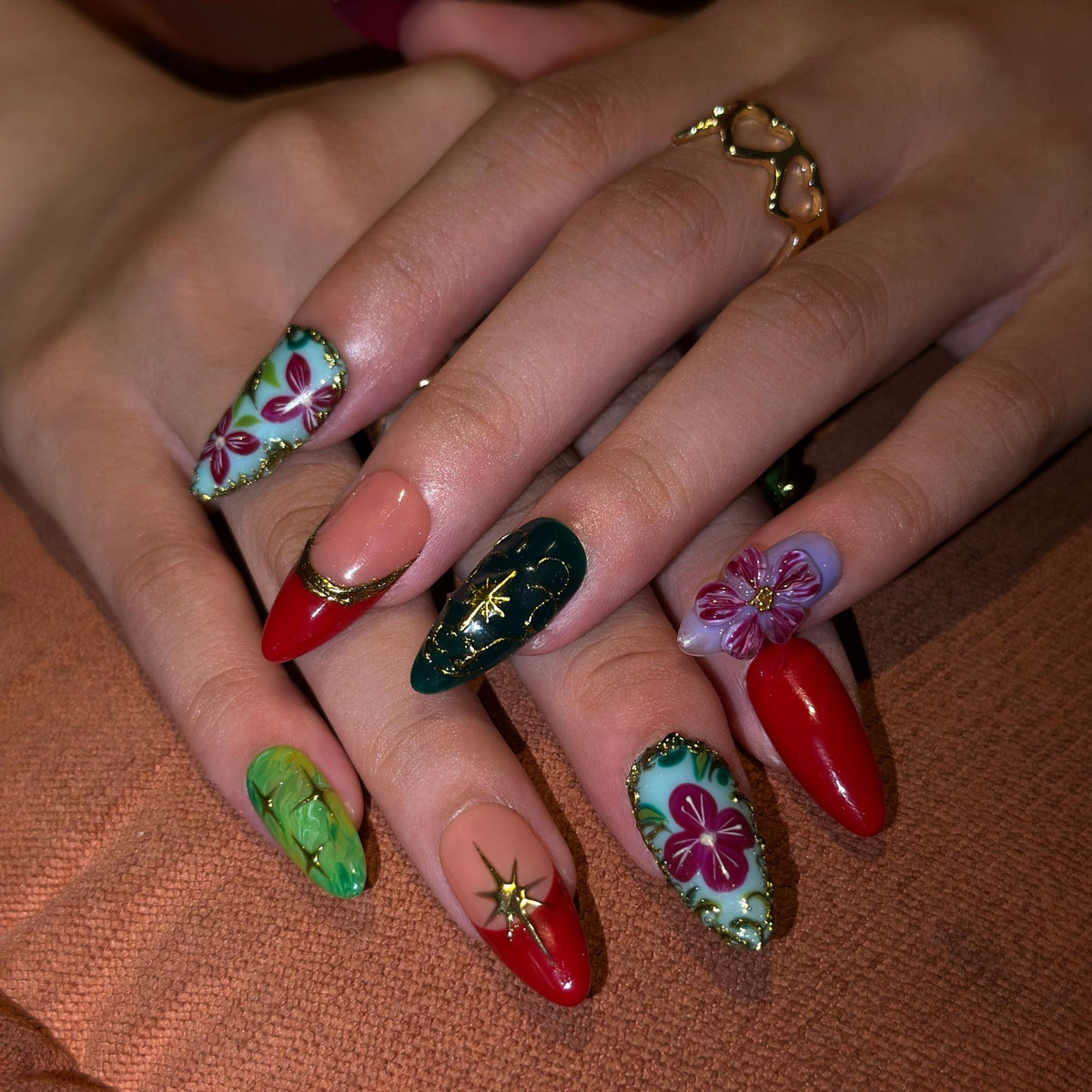 Luxury Fall Press On Nails with Gold Floral Art , Elegant Autumn Nails , Jewel Tone Handmade Nail Set | JB541WC