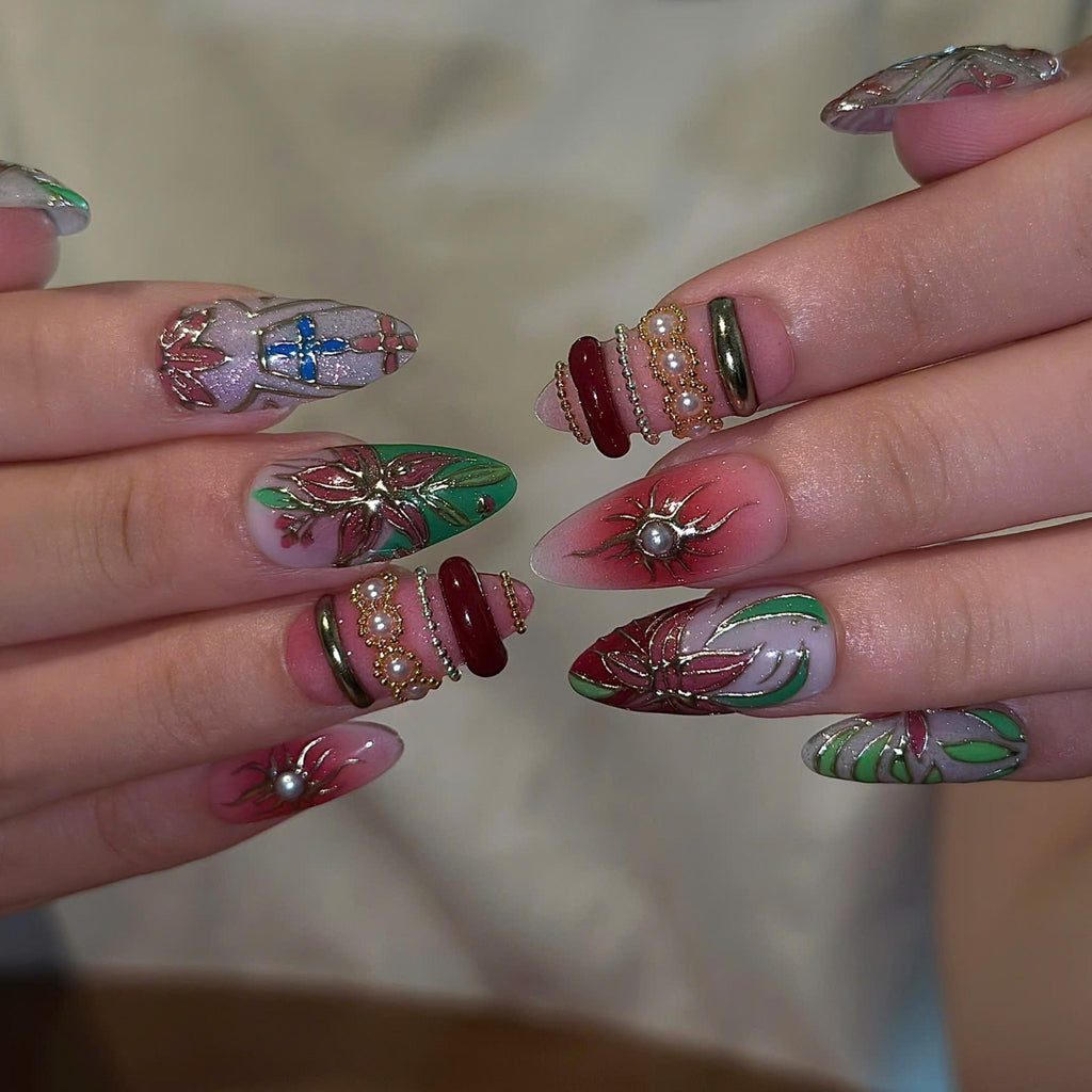 Art Nouveau Press On Nails with Stained Glass Design | Silver Gold Floral Nail Art | 3D Vintage Statement Nails | JB532UC
