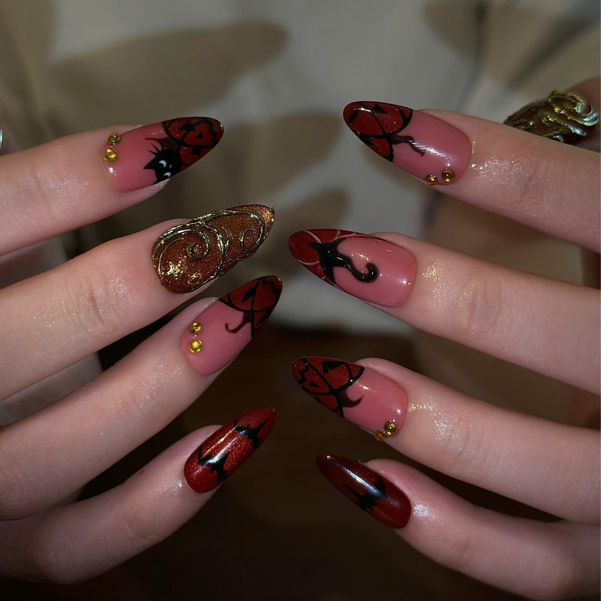 Halloween Press On Nails with Dark Red Swirl Art | Black Gothic Details | Spooky 3D Gold Statement Nails | JB535UC