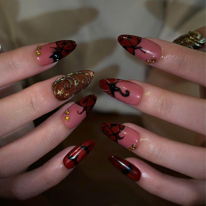 Halloween Press On Nails with Dark Red Swirl Art | Black Gothic Details | Spooky 3D Gold Statement Nails | JB535UC