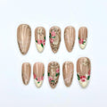 Rose Press On Nails with 3D Floral Art | Vintage Gold Frame & Butterfly | Romantic Handmade Nails | JB539UC