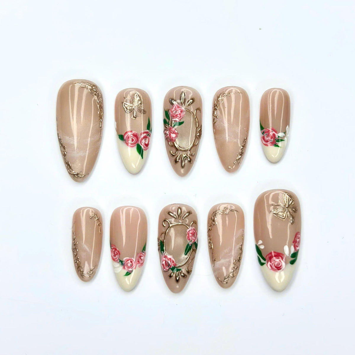 Rose Press On Nails with 3D Floral Art | Vintage Gold Frame & Butterfly | Romantic Handmade Nails | JB539UC