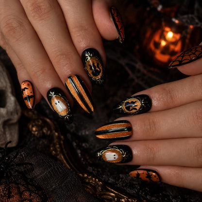 Gothic Halloween Press On Nails, Ghost Spider Web Bat Orange Black Nails