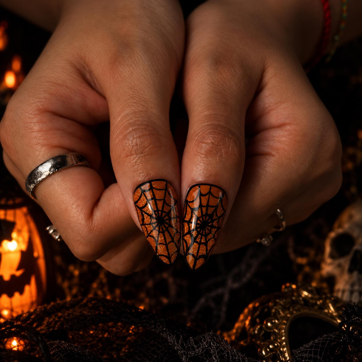 Gothic Halloween Press On Nails, Ghost Spider Web Bat Orange Black Nails