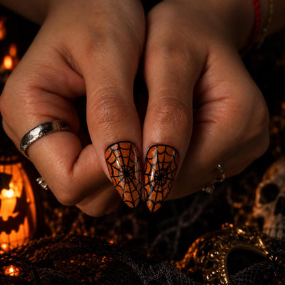 Gothic Halloween Press On Nails, Ghost Spider Web Bat Orange Black Nails