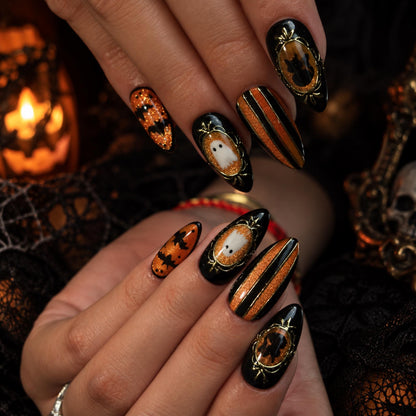 Gothic Halloween Press On Nails, Ghost Spider Web Bat Orange Black Nails