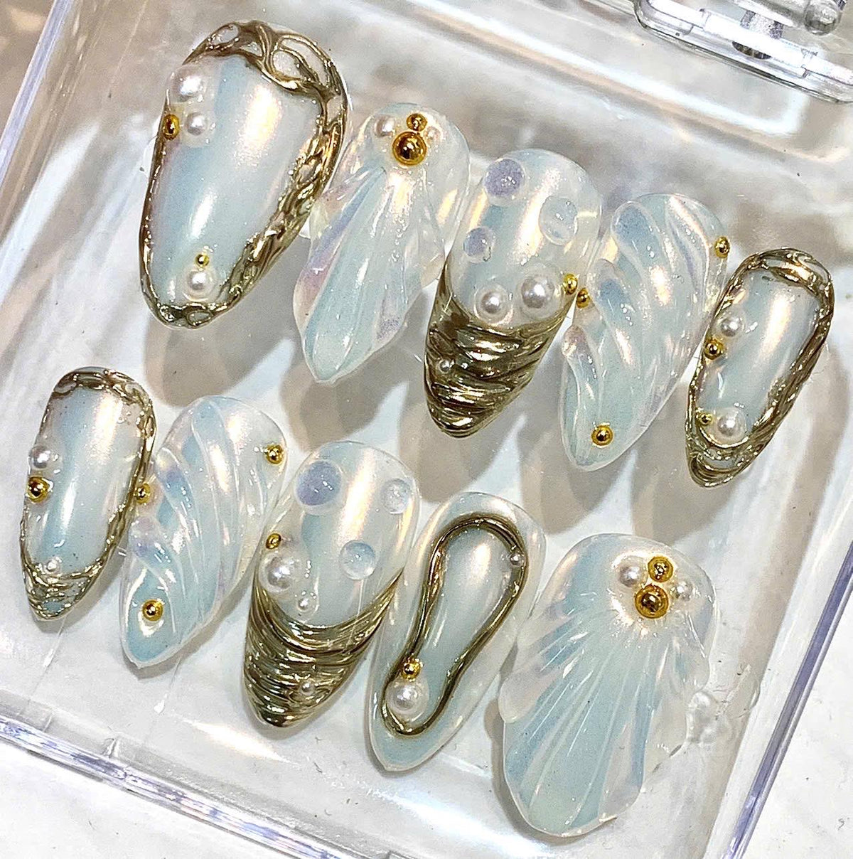 Handmade Press-On Nails, Aqua Blue Pearls, Gold Chrome, Mermaid Inspired (Reusable)