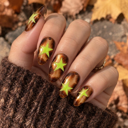 Brown Fall Cat Eye Press On Nails, Green Star Nails, Y2K Tortoiseshell Nails