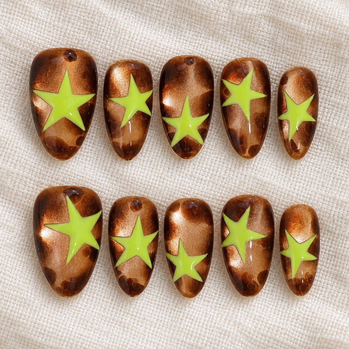 Brown Fall Cat Eye Press On Nails, Green Star Nails, Y2K Tortoiseshell Nails