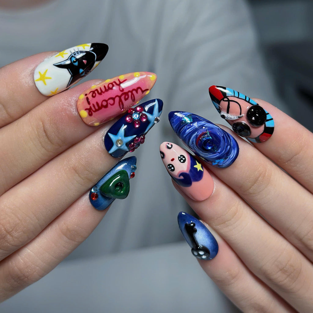 Dark Fantasy Press On Nails with Black Cat & Eye Art | Whimsical 3D Charms | Eclectic Statement Nails | JB547UI