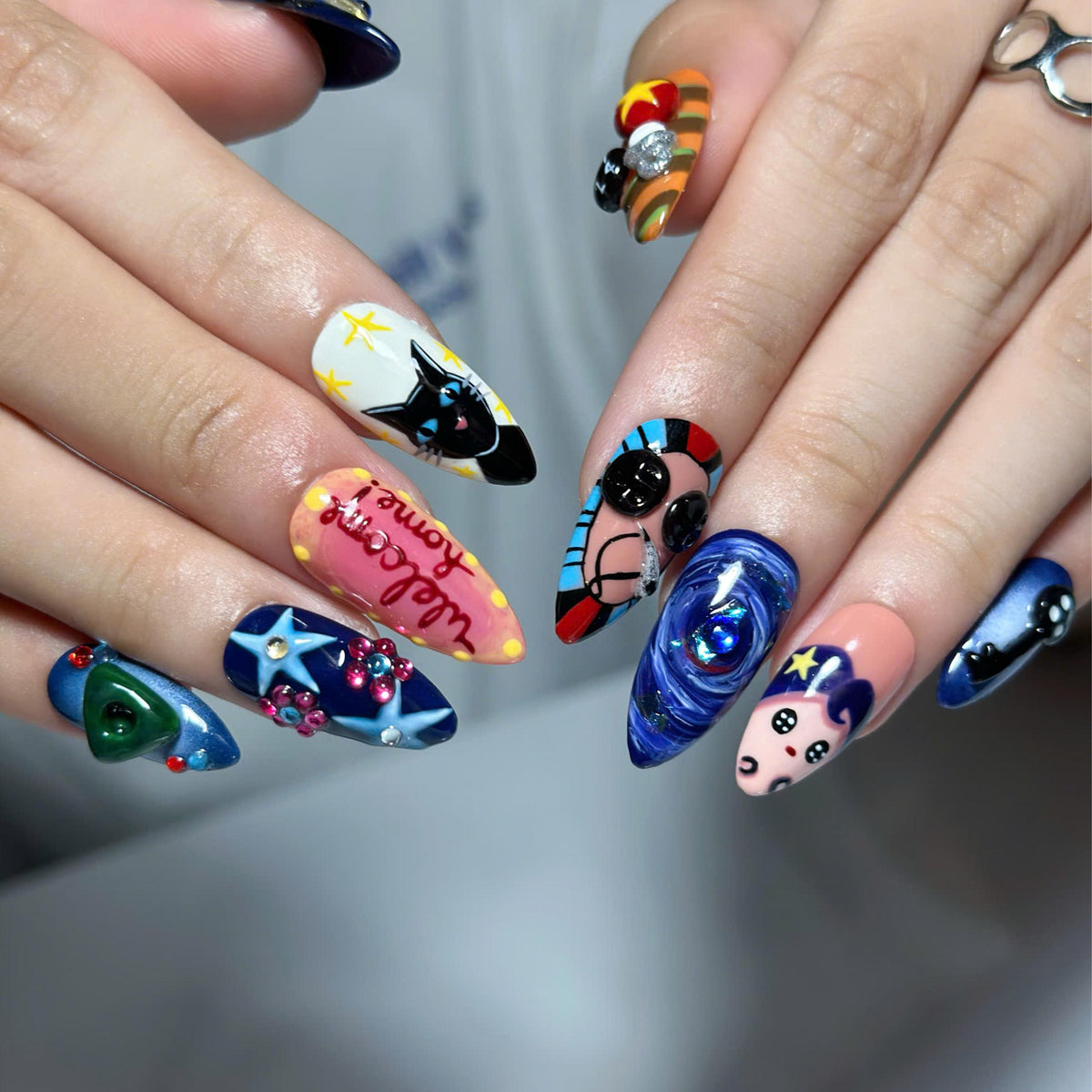 Dark Fantasy Press On Nails with Black Cat & Eye Art | Whimsical 3D Charms | Eclectic Statement Nails | JB547UI