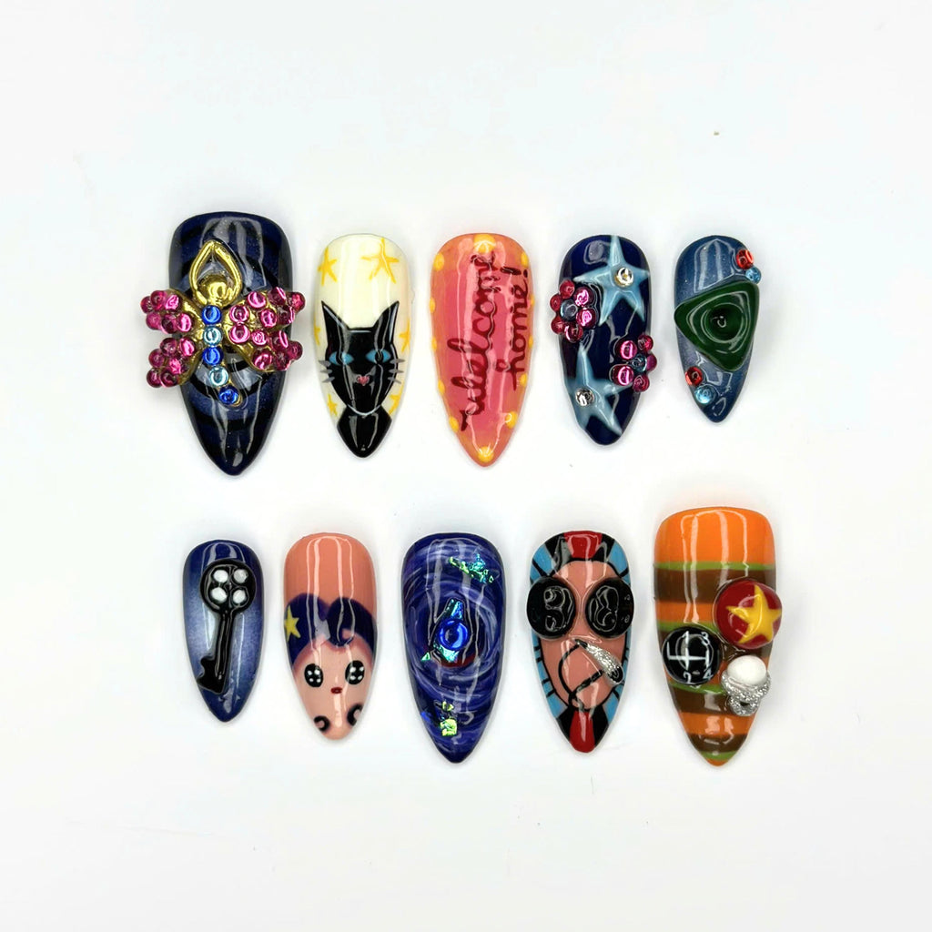 Dark Fantasy Press On Nails with Black Cat & Eye Art | Whimsical 3D Charms | Eclectic Statement Nails | JB547UI