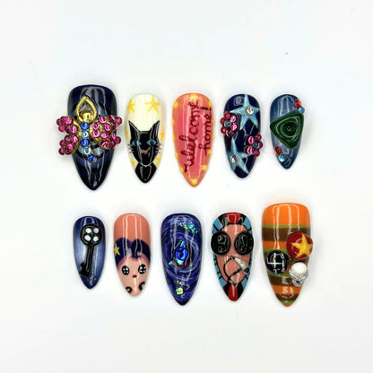 Dark Fantasy Press On Nails with Black Cat & Eye Art | Whimsical 3D Charms | Eclectic Statement Nails | JB547UI
