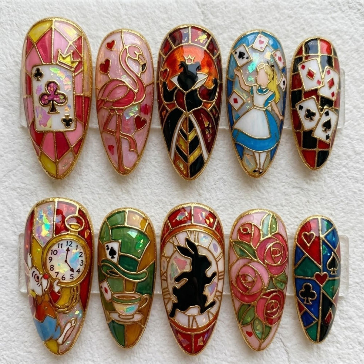 Alice Magic Storybook Press On Nails | Whimsical Wonderland | Stained Glass Almond Nails | Red Queen Roses Nail | 3D Gold Outline Nail