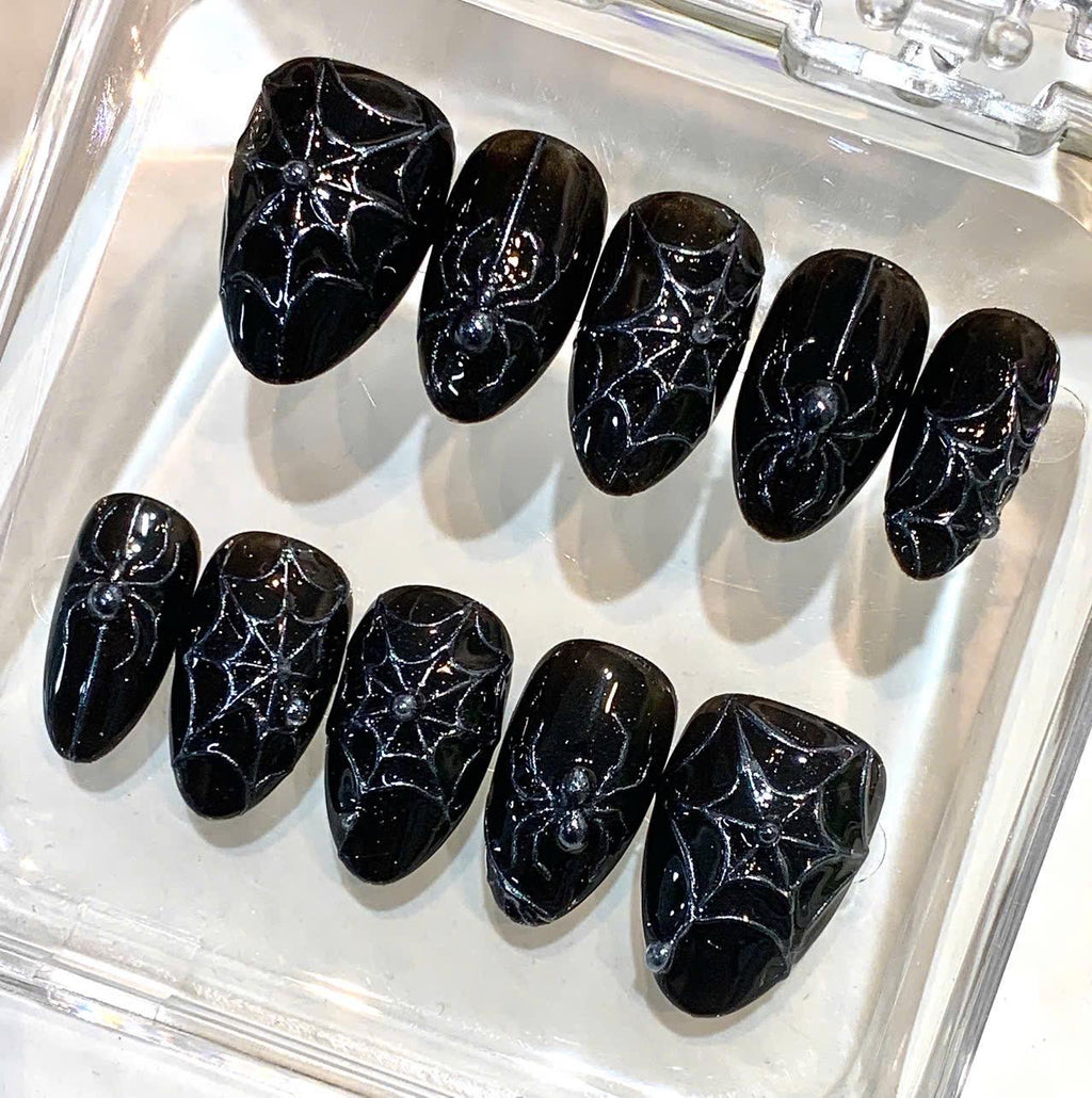 Black 3D Spider Web Press-On Nails, Gothic Halloween Manicure Set