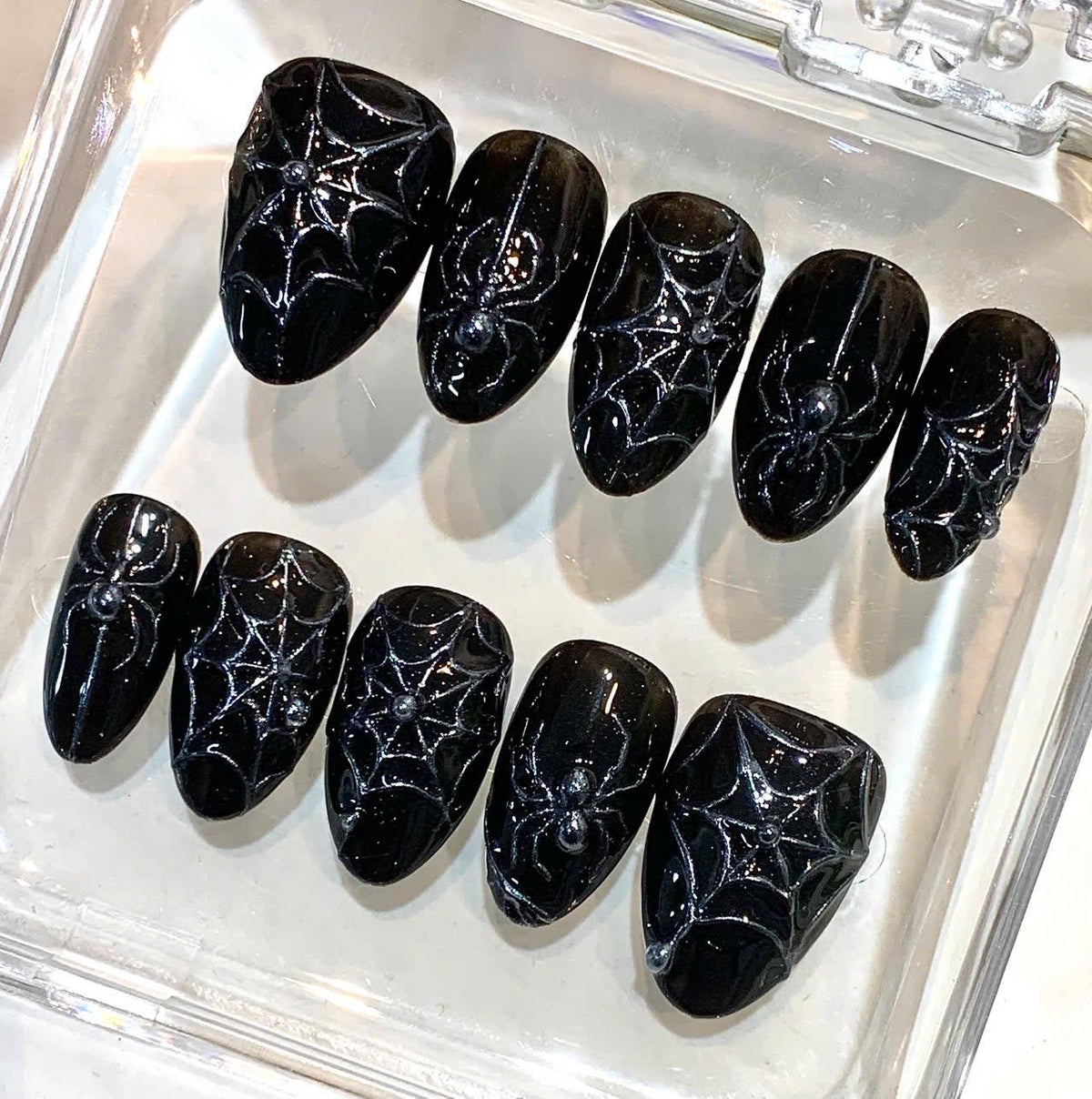 Black 3D Spider Web Press-On Nails, Gothic Halloween Manicure Set