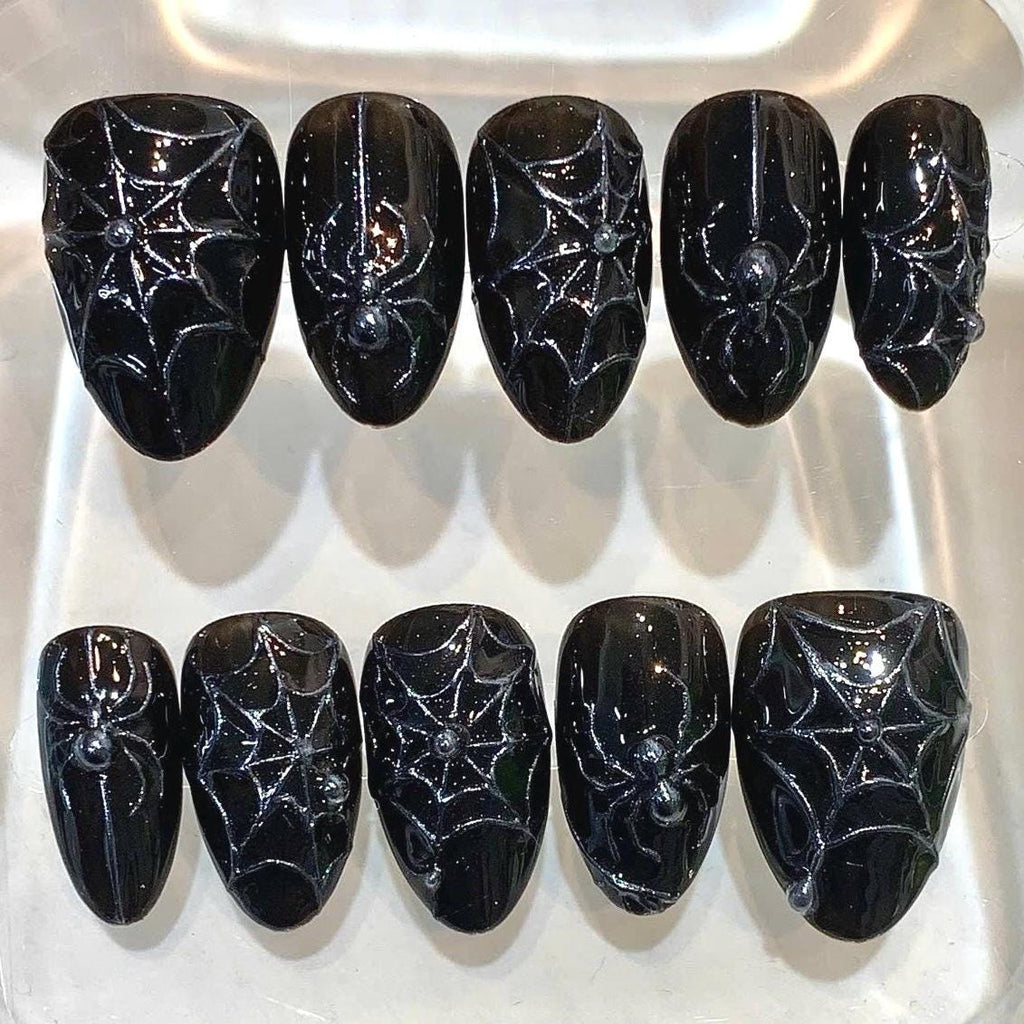 Black 3D Spider Web Press-On Nails, Gothic Halloween Manicure Set