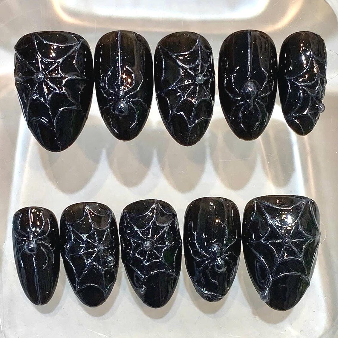Black 3D Spider Web Press-On Nails, Gothic Halloween Manicure Set