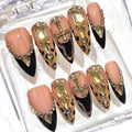 Luxury Press-On Nails, Black Gold Rhinestone, Leopard Print, Gothic Cross (Handmade Set)
