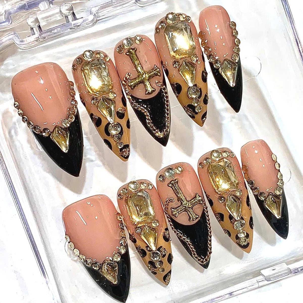 Luxury Press-On Nails, Black Gold Rhinestone, Leopard Print, Gothic Cross (Handmade Set)