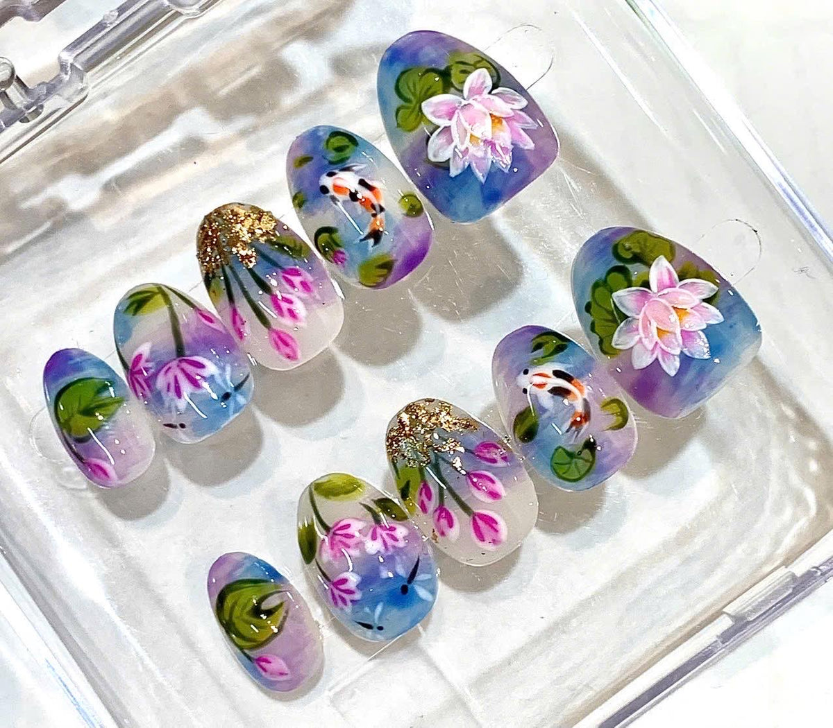 Hand-Painted Lotus & Koi Fish Press-On Nails, Watercolor Floral Set