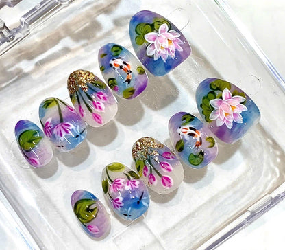 Hand-Painted Lotus & Koi Fish Press-On Nails, Watercolor Floral Set