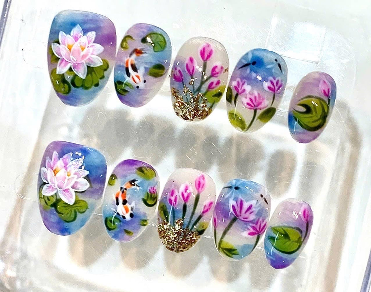 Hand-Painted Lotus & Koi Fish Press-On Nails, Watercolor Floral Set