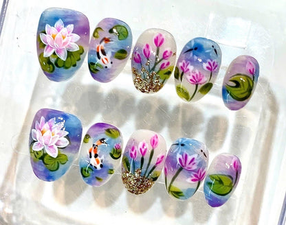 Hand-Painted Lotus & Koi Fish Press-On Nails, Watercolor Floral Set