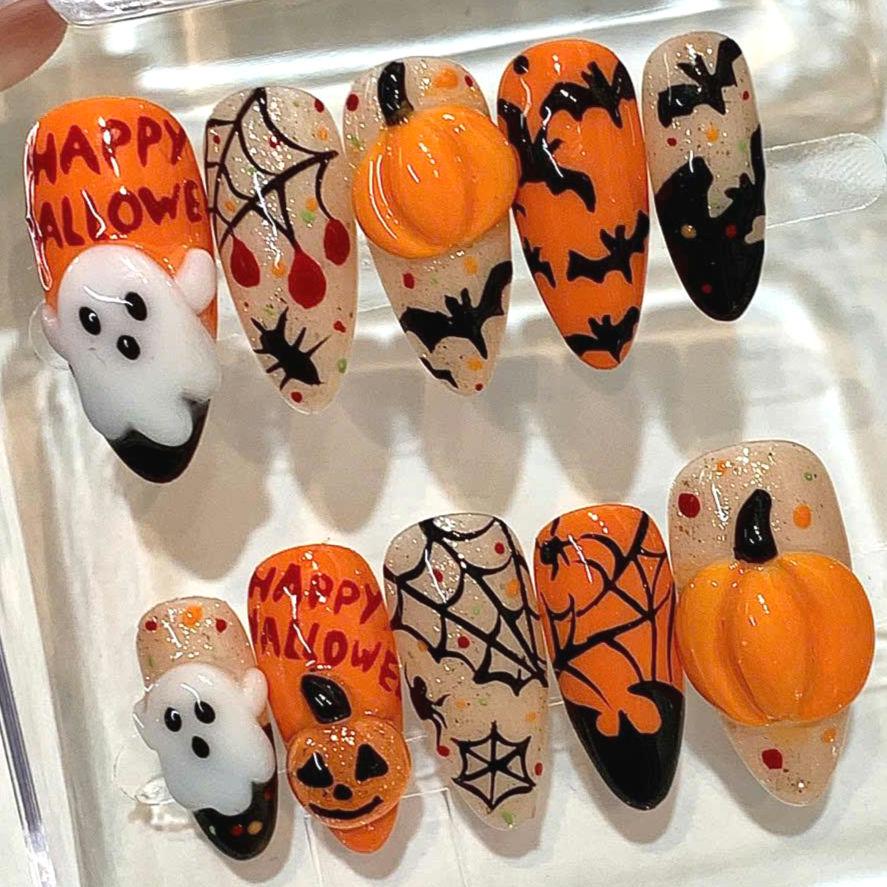 3D Ghost & Pumpkin Press On Nails: Spooky Halloween Nail Art