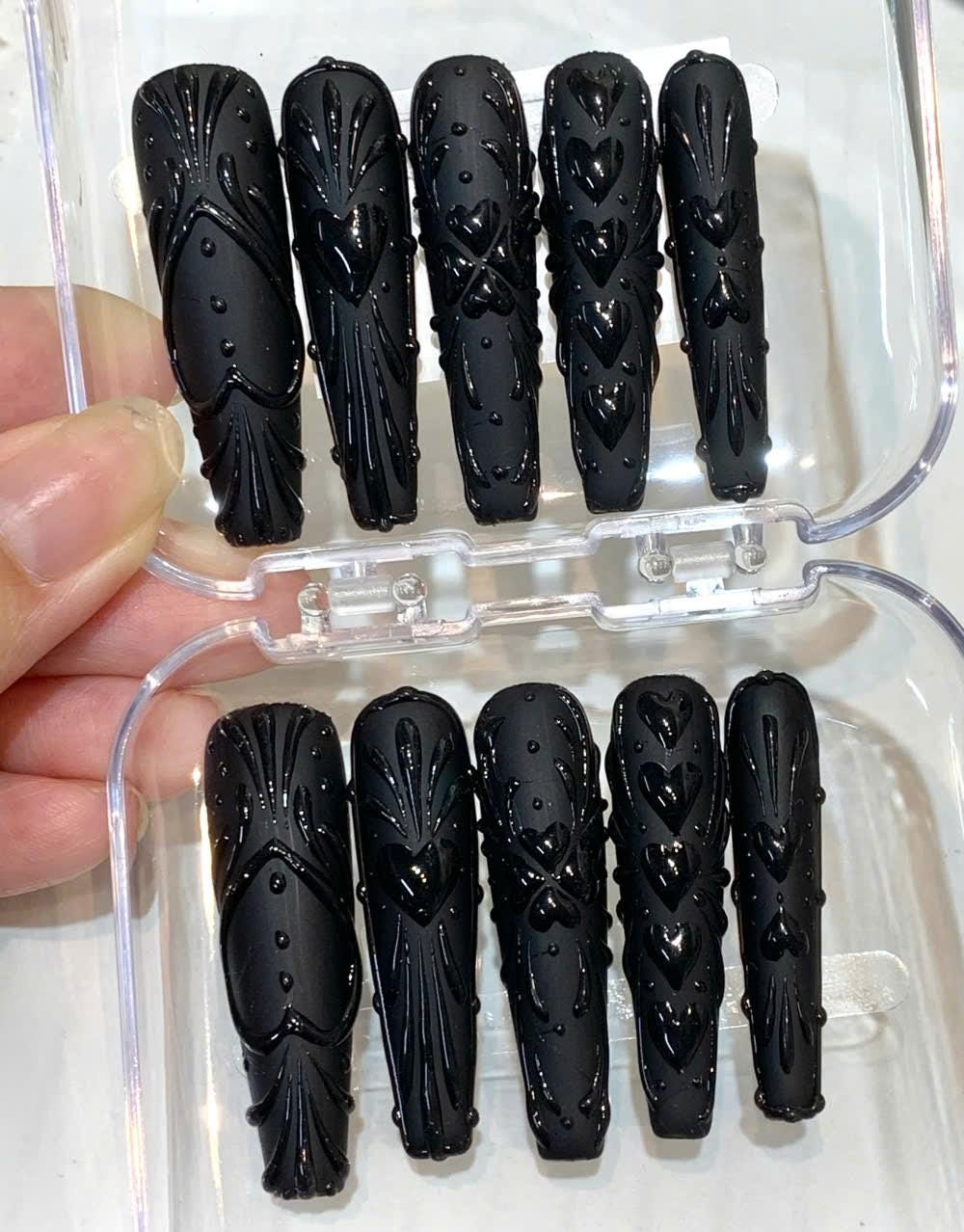 Black Gothic Press On Nails | 3D Heart, Baroque Stiletto
