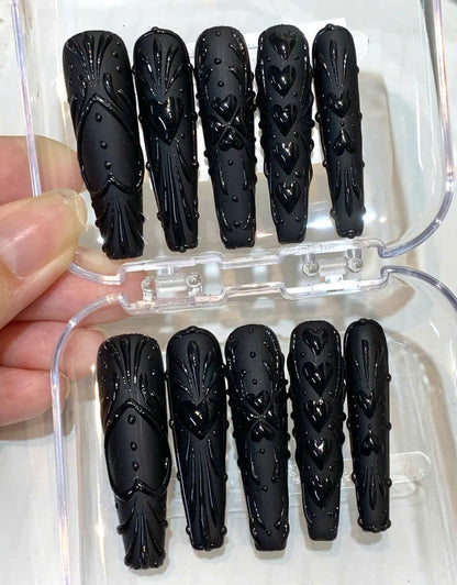 Black Gothic Press On Nails | 3D Heart, Baroque Stiletto