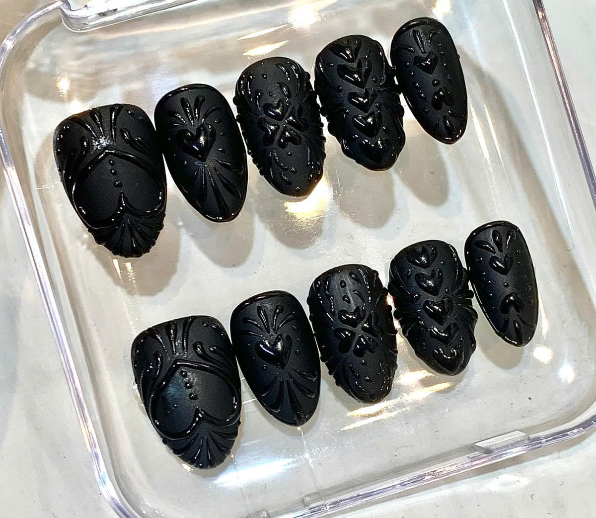 Black Gothic Press On Nails | 3D Heart, Baroque Stiletto