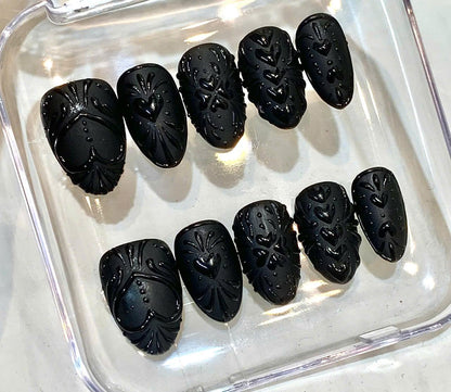 Black Gothic Press On Nails | 3D Heart, Baroque Stiletto
