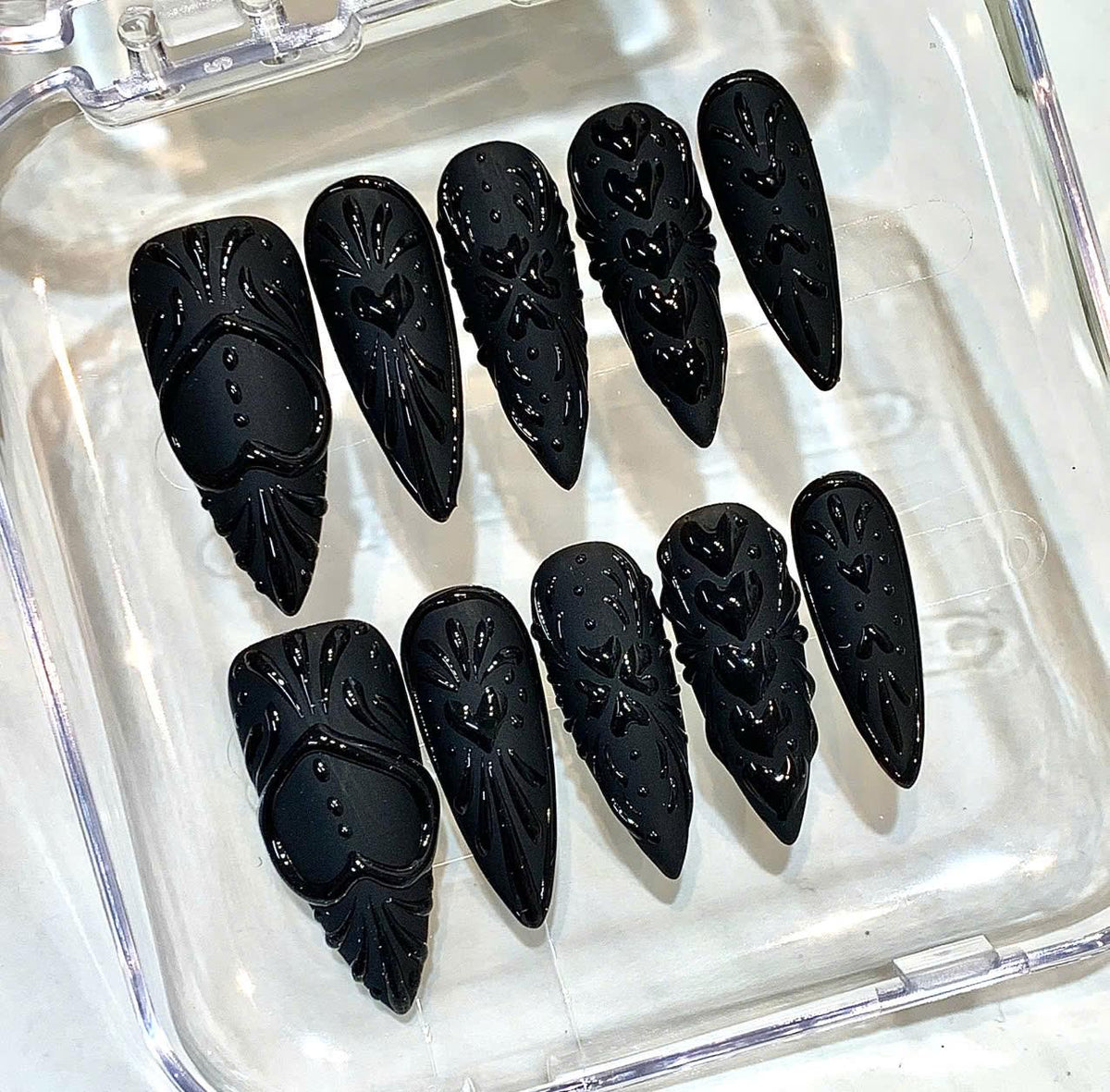Black Gothic Press On Nails | 3D Heart, Baroque Stiletto