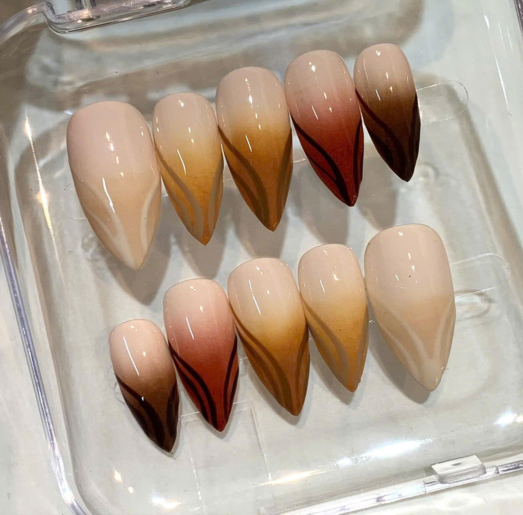 Nude Brown Ombre Press On Nails | Long Stiletto Nails | Elegant Neutral Nail Set | Handmade Reusable Nails