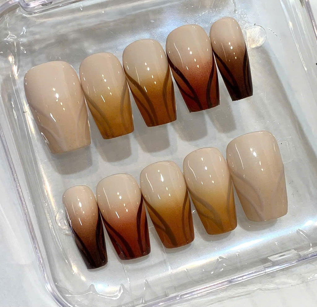 Nude Brown Ombre Press On Nails | Long Stiletto Nails | Elegant Neutral Nail Set | Handmade Reusable Nails