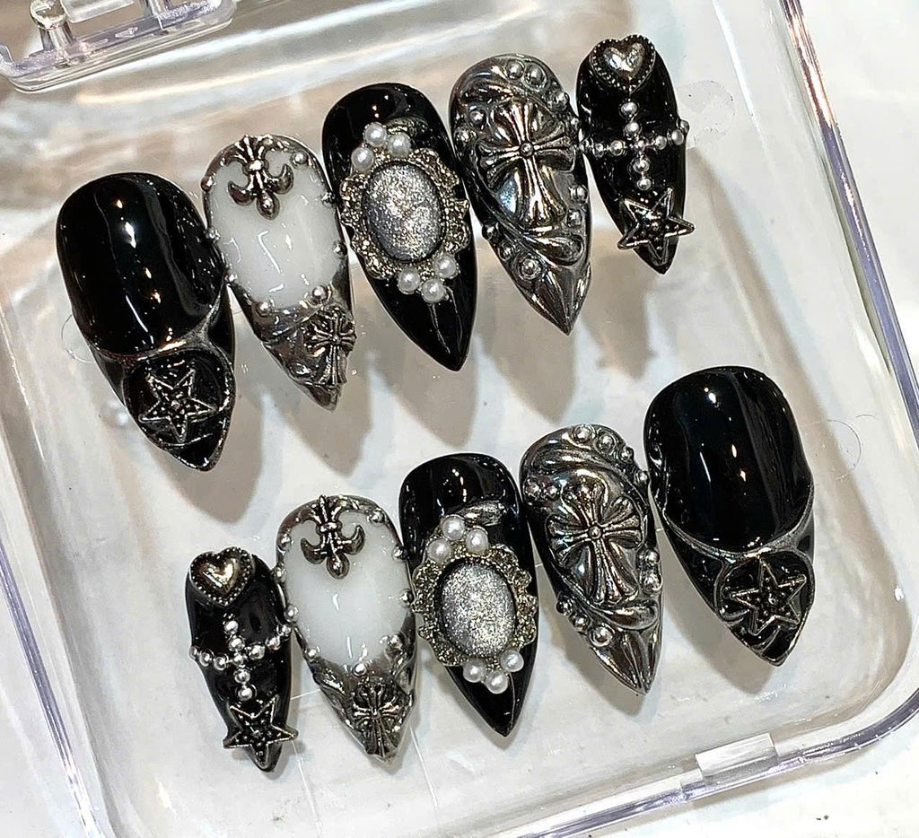 Gothic 3D Cross Press On Nails: Dark Chrome Star Nail Art